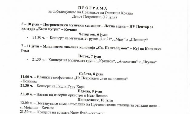 Програма за одбележување на празникот на Општина Кочани Петровден