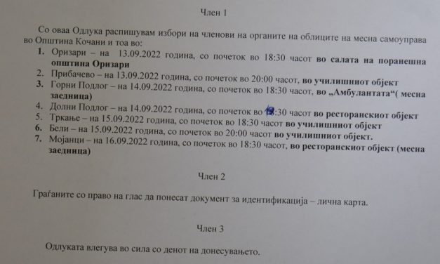 Одлука за распишување за избори на членови на органите на облиците на месна самоуправа